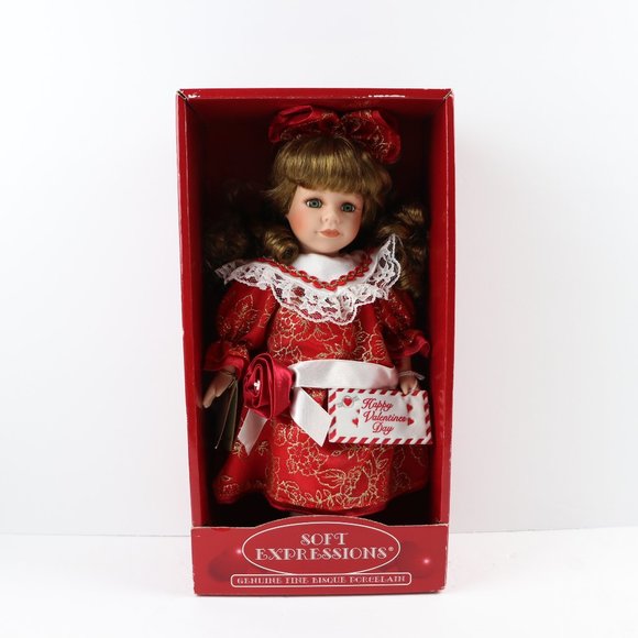 Soft Expressions Happy Valentines Day Red Dress Genuine Bisque Porcelain Doll - Picture 1 of 10